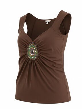 Candy Rain Y2K Sleeveless Too Sz M Ruched Rhinestone Medallion Brown